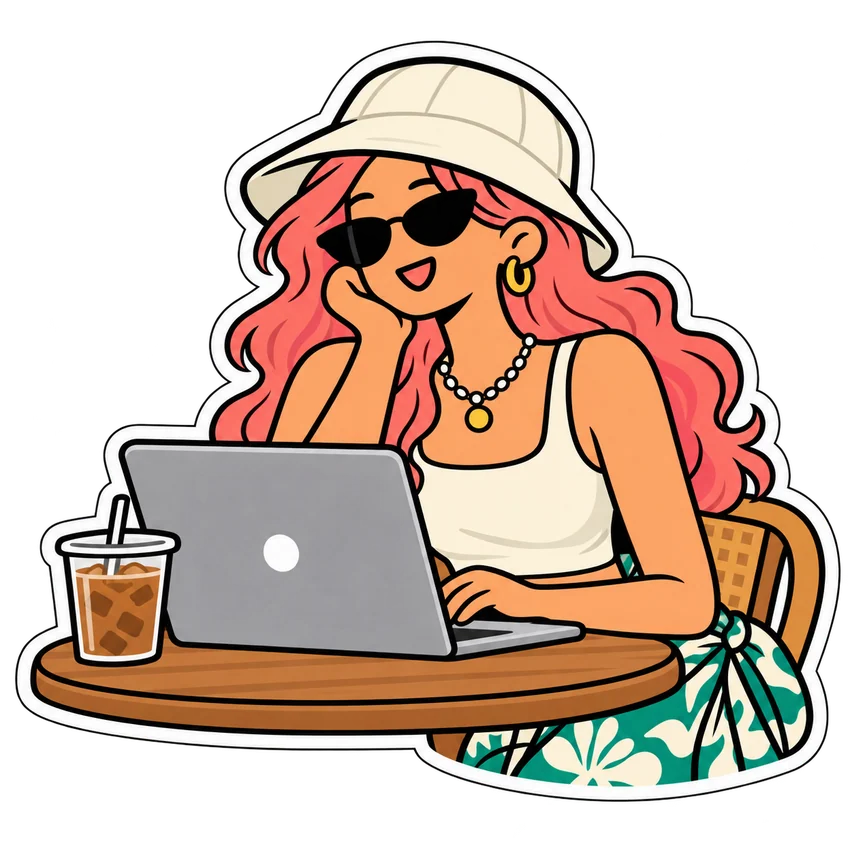 Woman working on a laptop at a Bali cafe