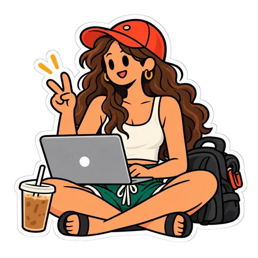 Friendly traveler working on a laptop